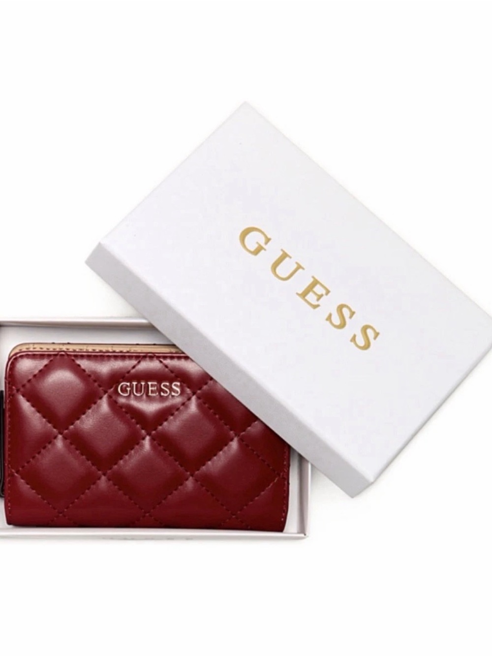 GUESS Quilted Burgundy Card Holder with Gold Logo